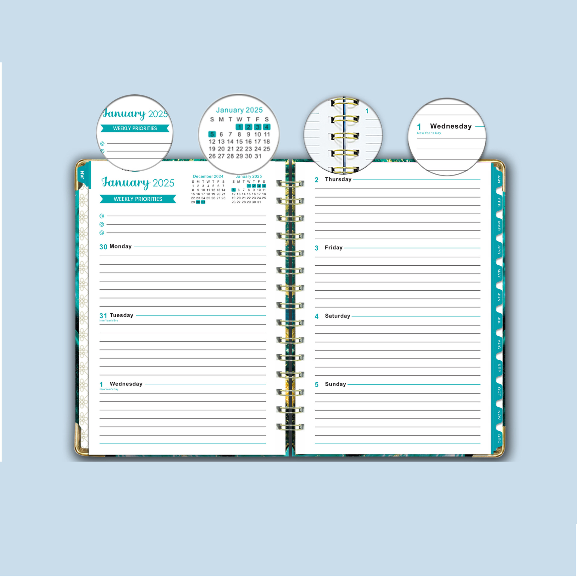 Versión en inglés transfronteriza 2025 Bloc de notas A5 Libro de círculo de doble línea Libro de planificación semanal en inglés Libro de planificación de horarios de gestión