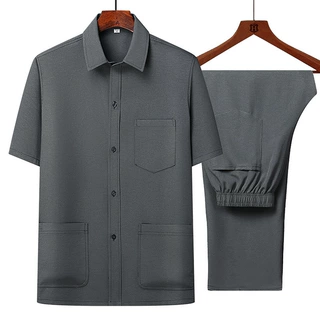 中老年男装夏季短袖套装中年男士开衫上衣爸爸装衬衫老年人中山装