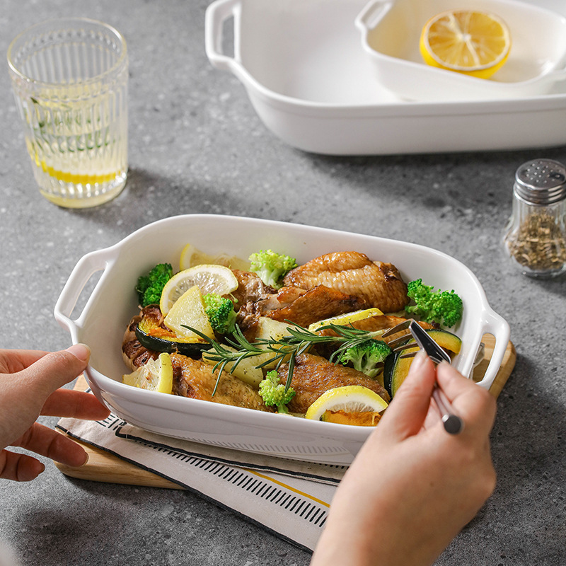 Casual Pure White Ceramic Rectangular Double-Ear Baking Pan Cheese Baked Rice Bowl High Temperature Resistant Household Baking Bowl Snack Bowl Steamed Fish Plate