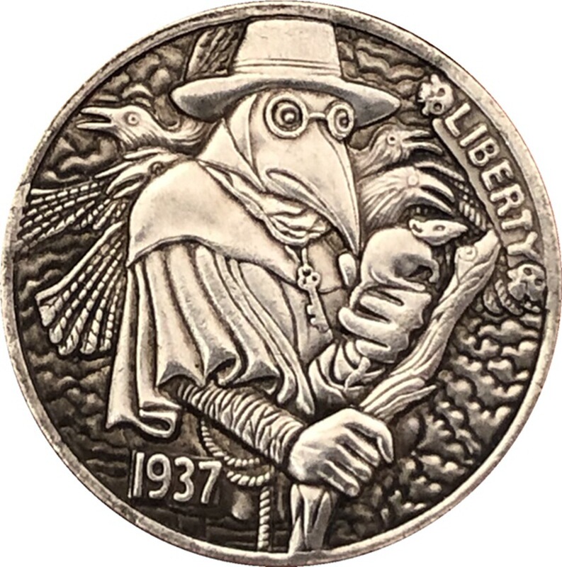 Antique-style relief plague doctor commemorative coin, silver-plated copper collectible coin, 1937 model, American-style distressed finish