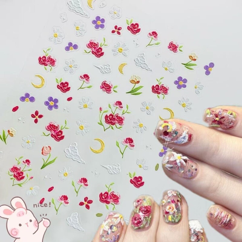 Xiaohongshu's Popular Wildflower Relief Beautiful Nail Art Stickers Oil Painting Small Wildflower Simple Nail Stickers Flowers