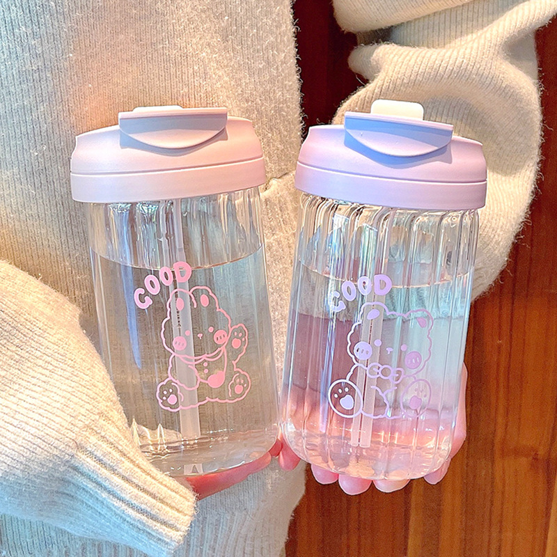 Cartoon student water cup for girls in summer, high-looking Internet celebrity straw glass, convenient office double drinking cup