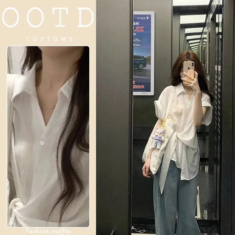 Single Piece/2025 Summer Work Clothing for Women Korean Style Asymmetrical Strap Waist Shirt High Waist Jeans Trendy
