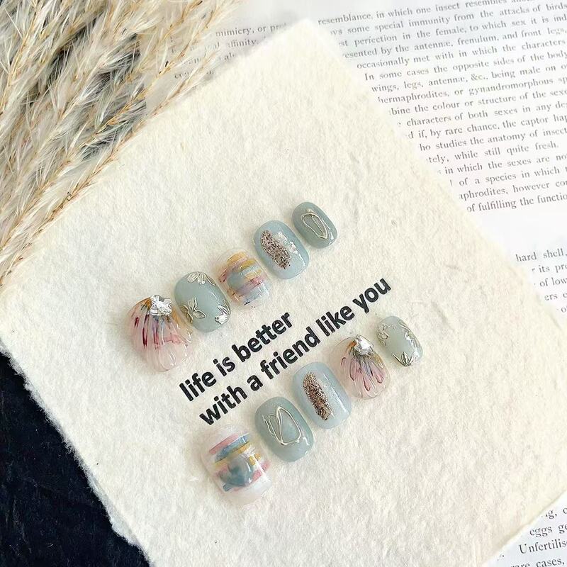 [Anyi Boutique] Short Mint Green Integrates Smudged Metal Lines and Flowers, High-Quality Handmade Wearable Nails