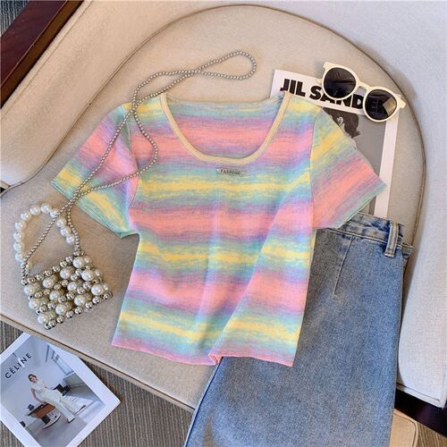 Dopamine Color Block Striped T-Shirt for Women - Summer Design Inspired, Unique Knit Short Sleeve Sweet and Spicy Style Short Top