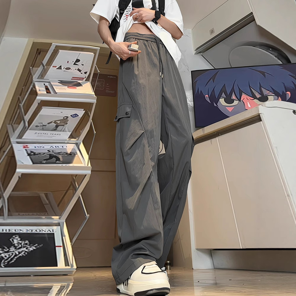 Dark Gray American-Style Cargo Pants for Men, Summer Thin Tall Extended Quick-Dry Pants, Pleated Hiking Paratrooper Assault Pants