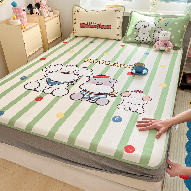 Sombrilla de cama de seda de hielo de verano, cubierta protectora de colchón para niños todo incluido, dormitorio, cubierta de cama individual, juego de tres piezas
