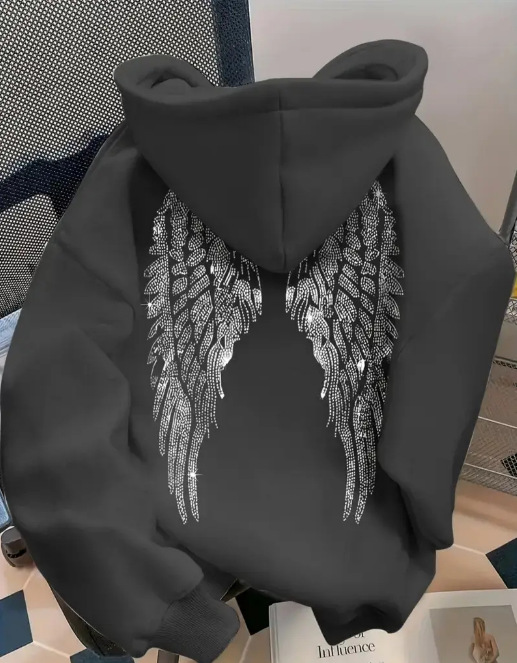 Women's Clothing Trendy Simple Design Wing Print Sweatshirt Casual Loose Sweatshirt Pullover Jacket_ecoleips.com