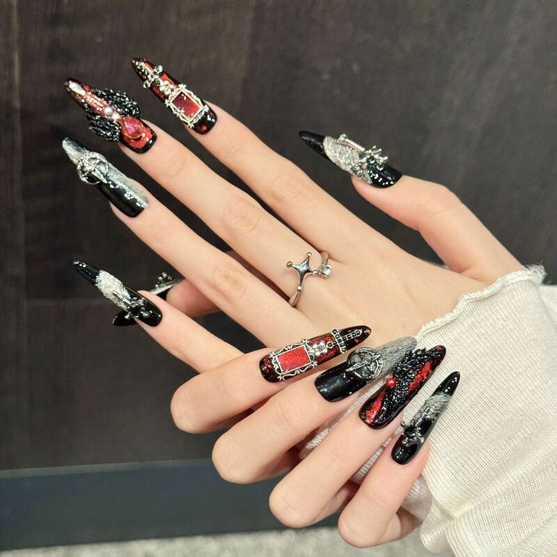 Rikaman [Dark Realm Cross] Black and Red Gothic Style Wearable Nail Cross Dark Retro Cool Nail Art Pieces
