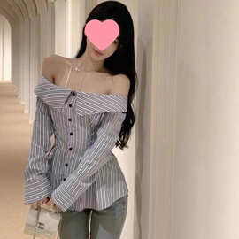 一字领修身收腰上衣女早秋新款性感辣妹条纹衬衫别致系带长袖恤