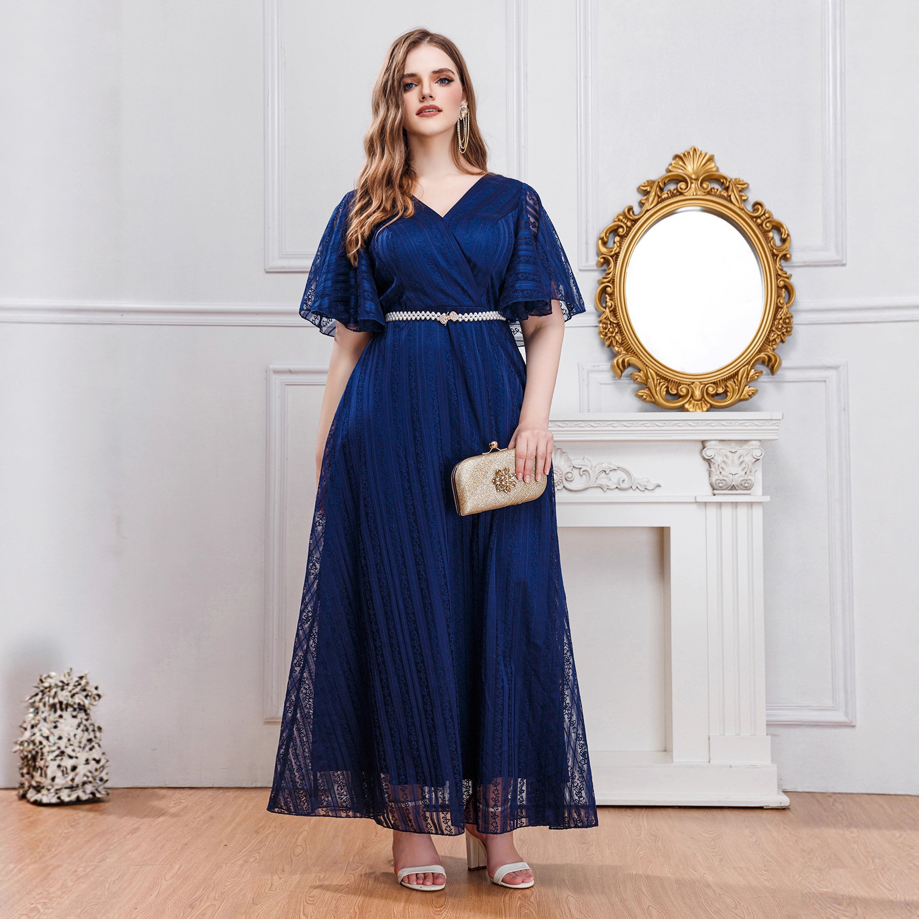 Foreign trade plus size women's V-neck lace dress cross-border Amazon bridesmaid dress evening dress Europe and the United States independent station