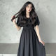 (combon) Gentle CollArbone Bubble Embroidered Dress Women's Summer New French Mid-length WAist Slimming A-line