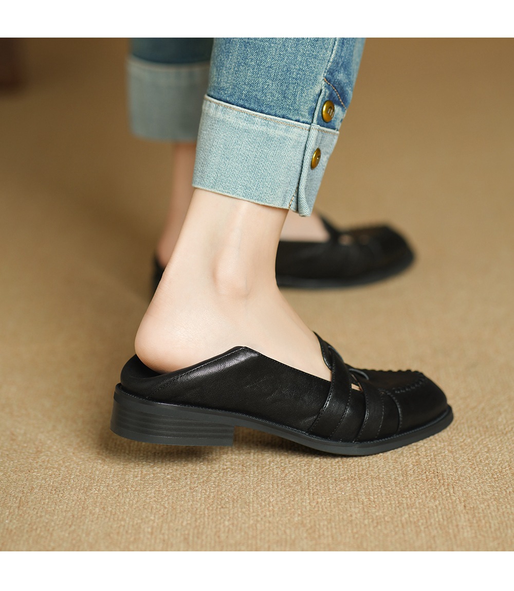 Giày lười nữ mũi vuông da bò cổ điển đế thấp mềm — đen chi tiết 11
