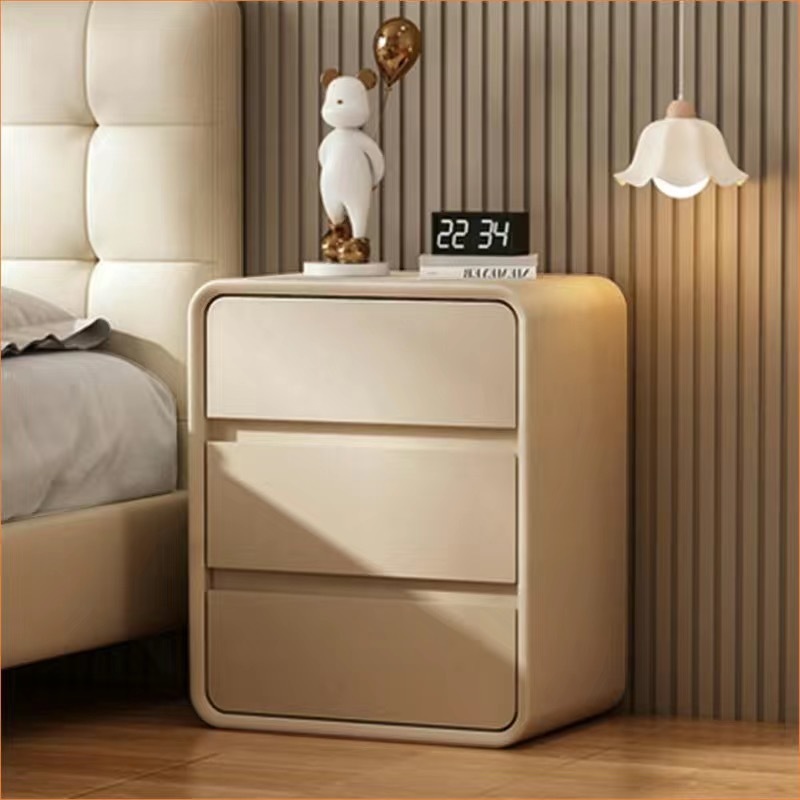 Cream Bedside Table Small Bedroom Home Modern Simple Light Luxury Foreign Trade High-End Solid Wood Three-Layer Bedside Storage Cabinet