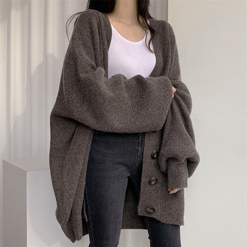 Korean women's cardigan sweater, spring and autumn foreign trade new design, thick and loose lazy style, outerwear V-neck knit top
