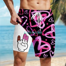 新品外贸跨境欧美男士短裤亚马逊休闲宽松D印花双层沙滩裤