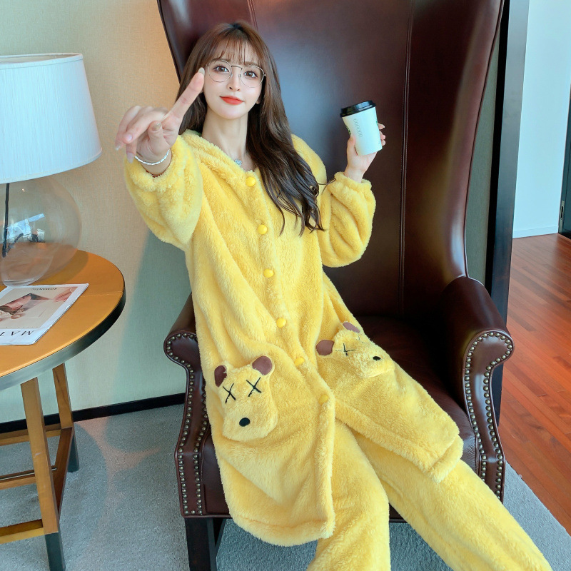 Popular en línea pijamas de celebridades de otoño e invierno de las mujeres de felpa engrosada de lana forrada de mediados de longitud camisón de franela ropa de abrigo ropa de casa