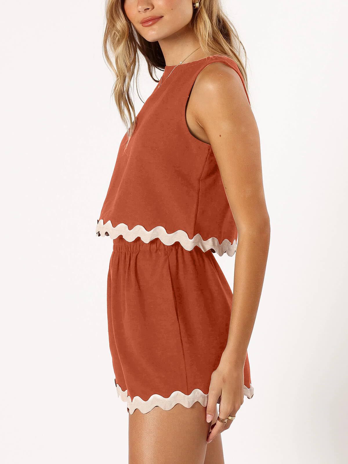 227g Weight Sleeveless Sleeve Length Linen, Lace Fabric Type Shorts Pants Type Shorts Co-ord Set Sets Type 2 Pieces Set Quantity Daily Occasion Round Neck Neckline Loose Fit Type Color Block, Waves Pattern Summer Season Women's Gender Casual Style Lace Craft Daily Women's Casual Color Block Waves Linen Lace Shorts Co-ord Set Shorts Shorts Sets 7