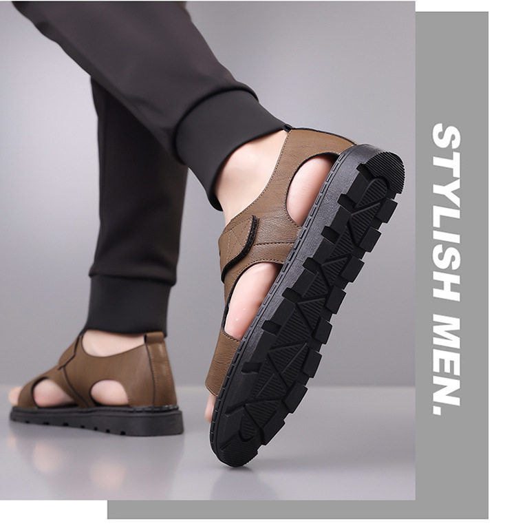 Dép sandal nam quai ngang kiểu La Mã, da mềm chống trượt, quai dán, đi ngoài trời mùa hè — Màu nâu, màu xám, màu đen chi tiết 17