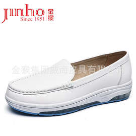 金猴女鞋2022新款舒适透气真皮轻便缓震妈妈鞋平底牛皮防滑护士鞋