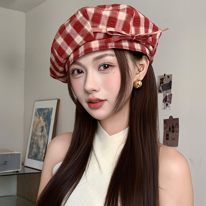 早秋薄款日系复古格子八角帽时尚贝雷帽子女透气显脸小文艺报童帽|undefined