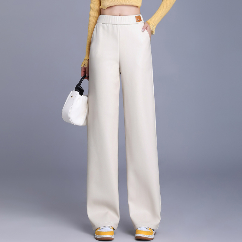 Haining Versatile Leather Pants for Women 2025 Autumn and Winter New Style Sheepskin Thickened Slimming High-Waisted Wide-Leg Loose Long Pants