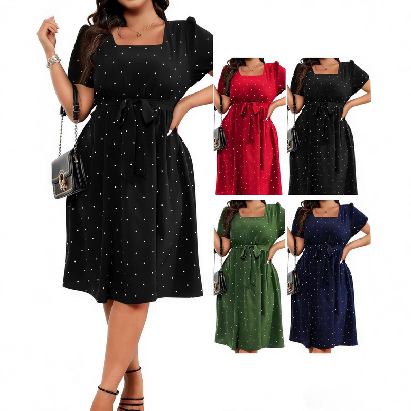 Foreign Trade European and American Cross-Border Amazon Plus-Size Women's Elegant Retro Polka Dot Waist-Cinching Tie Square-Neck Flared Dress Foreign Trade European and American Cross-Border Amazon Plus-Size Women's Elegant Retro Polka Dot Waist-Cinching Tie Square-Neck Flared Dress