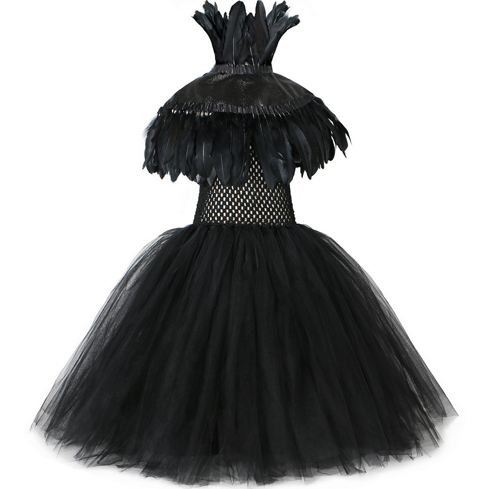Ropa para niños Vestido de bruja maléfica Capa de plumas Disfraz de Halloween para niños Vestido de malla negro para niña gótica_voghion.com