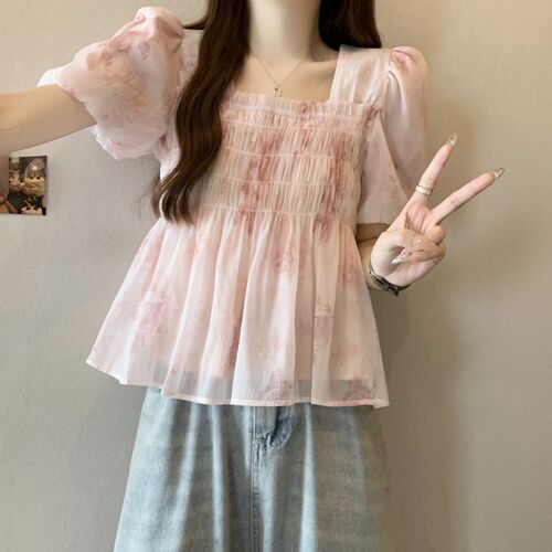 [Original workmanship] French floral short-sleeved shirt for women, summer fat mm, slimming loose temperament, ruffled square collar