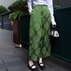 新中式浮雕人丝提花阔腿裤女复古国风高腰后松紧宽松显瘦九分裤潮