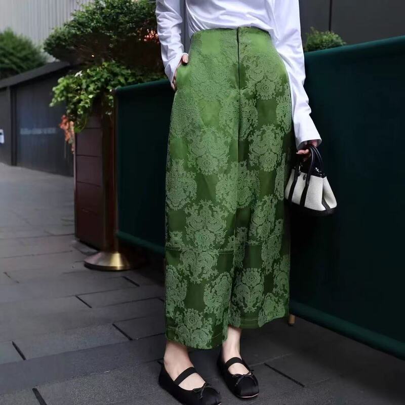新中式浮雕人丝提花阔腿裤女复古国风高腰后松紧宽松显瘦九分裤潮|undefined