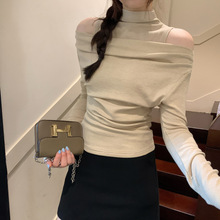 热销高级感荡领卡其色长袖内搭打底衫女春夏2025新款半高领T恤