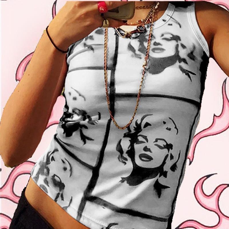 夏季个性有趣梦露头像印花无袖短款上衣性感圆领修身显胸女装背心