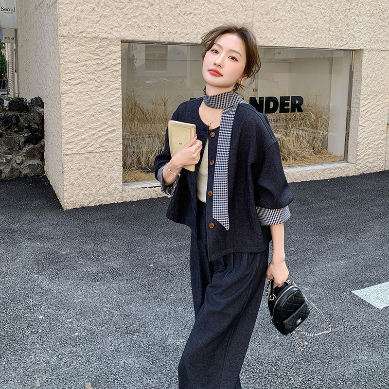 实拍又a又飒条纹拼接牛仔套装女春2025新款韩系休闲阔腿裤两件套|undefined