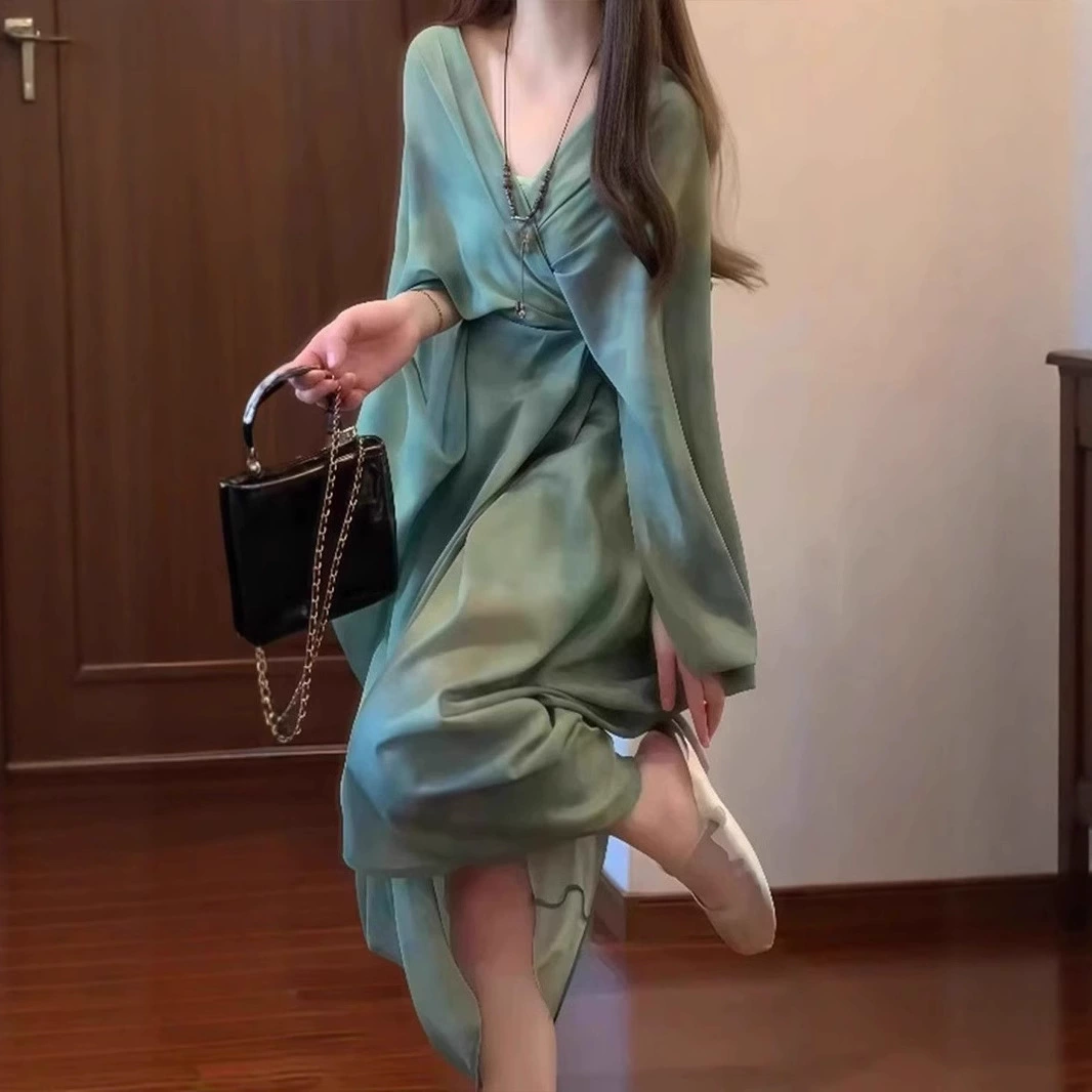 Французское уникальное зеленое платье с v-образным вырезом для женщин, весенняя одежда больших размеров, элитный дизайн, элегантная юбка средней длины