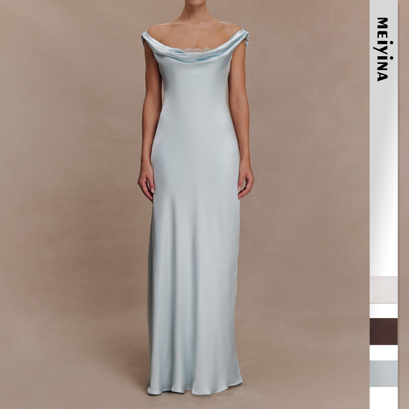 2026 European and American New Cross-Border Women's Fashion Satin High-Waist Dress for Banquets with a Draped Collar and Elegant Lace Dress 2026 European and American New Cross-Border Women's Fashion Satin High-Waist Dress for Banquets with a Draped Collar and Elegant Lace Dress