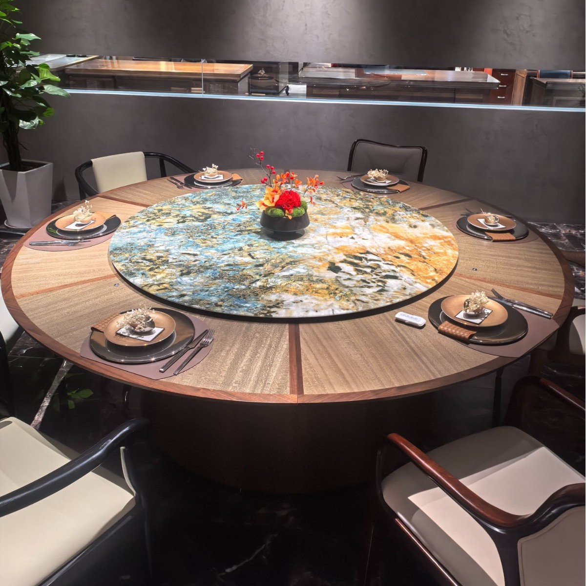 New Hotel Electric Solid Wood Large Round Table with Built-In Parallel Turntable, Commercial Dining Table, High-End Club Slate Hot Pot Table