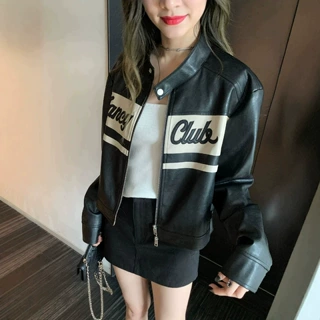 美式复古立领拉链短款长袖皮衣外套女秋季机车服小个子夹克上衣潮