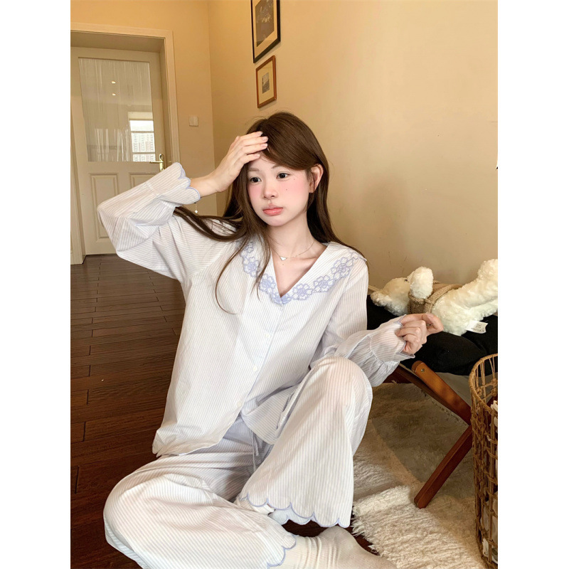 韩国ins女士春秋新韩系重工刺绣花朵甜美花边翻领家居服睡衣套装|undefined