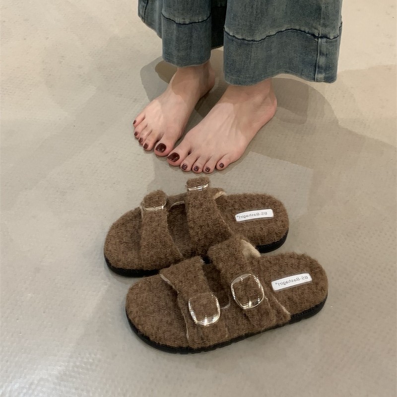 韩版勃肯毛毛拖鞋女外穿秋冬新款羊羔毛厚底一脚蹬懒人棉拖鞋子女|undefined