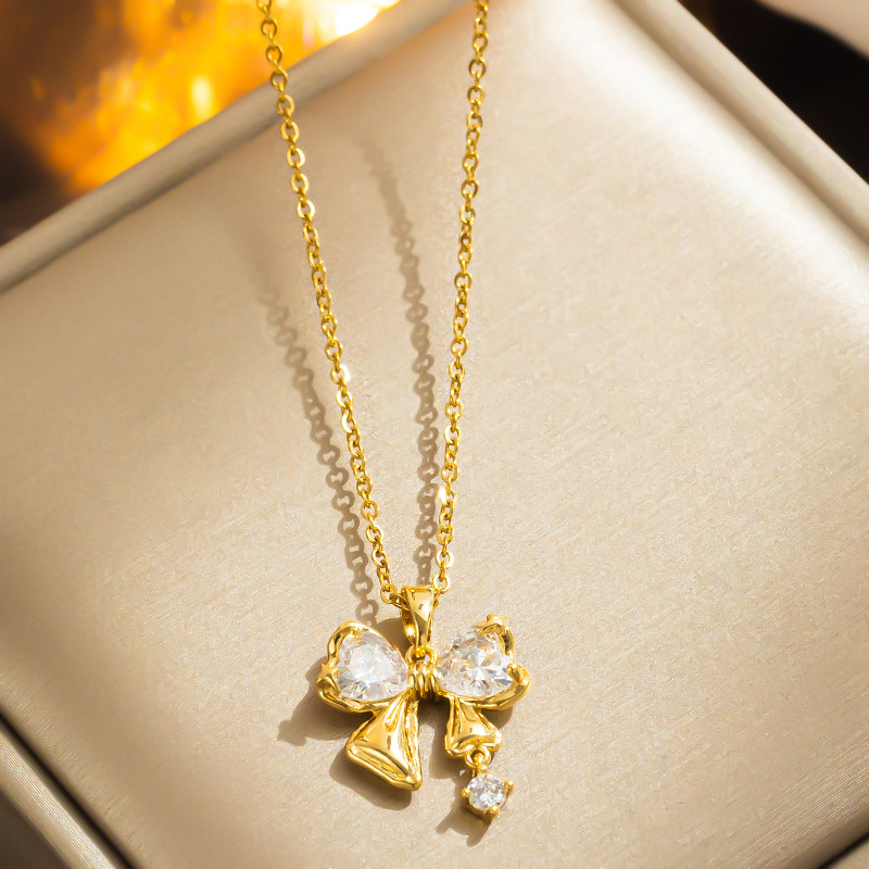 10g Weight 0.03µm-0.05µm Gold Plating Thickness PVD Coated Gold Plating Process Real Gold Plated Plating Material PVD Coated Real Gold Plated Bow Knot Stainless Steel Cute Shiny Waterproof Non Tarnish Pendant Necklace