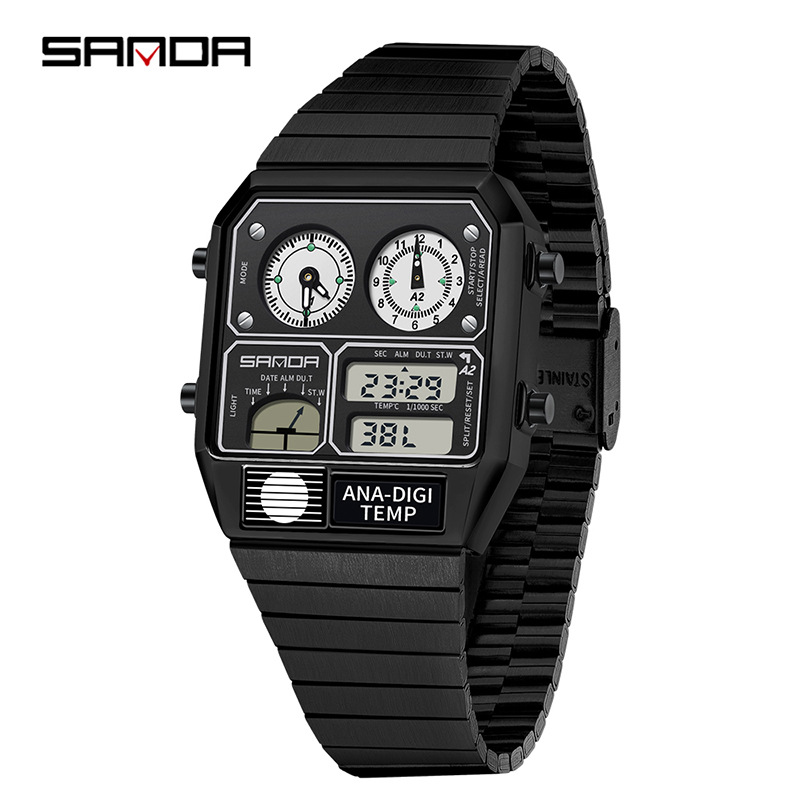 SANDA SANDA 3192 reloj electrónico de acero cuadrado reloj electrónico de temperatura cronómetro nocturno multifuncional