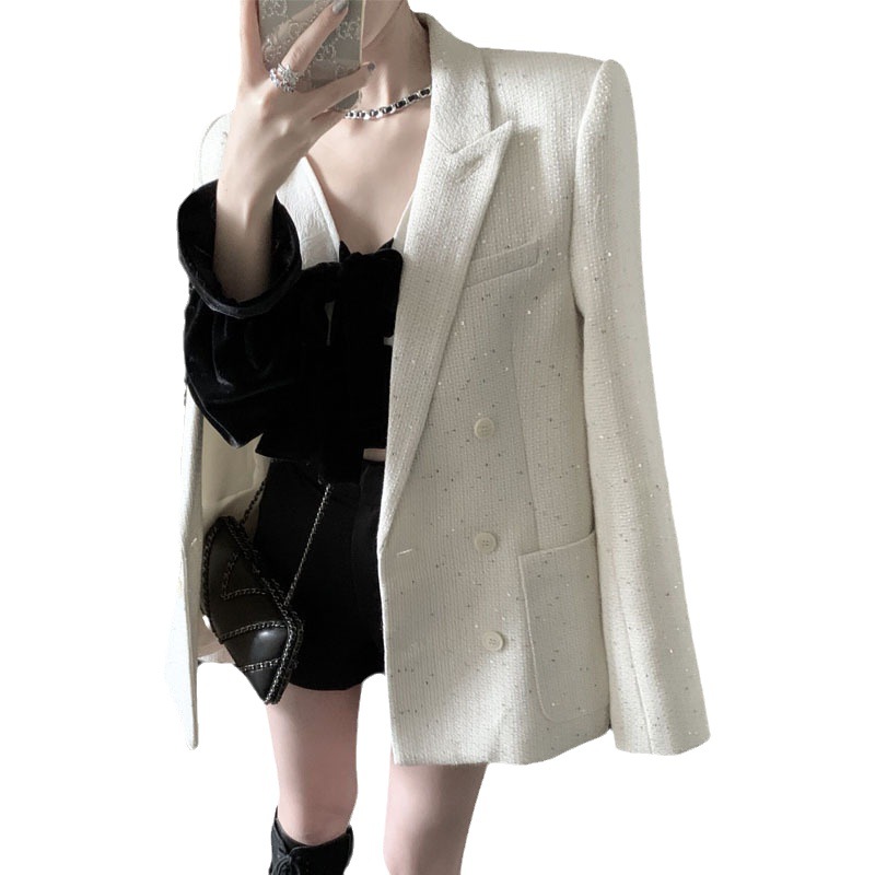 Trend capacious white woolen demi-season classic suit jacket