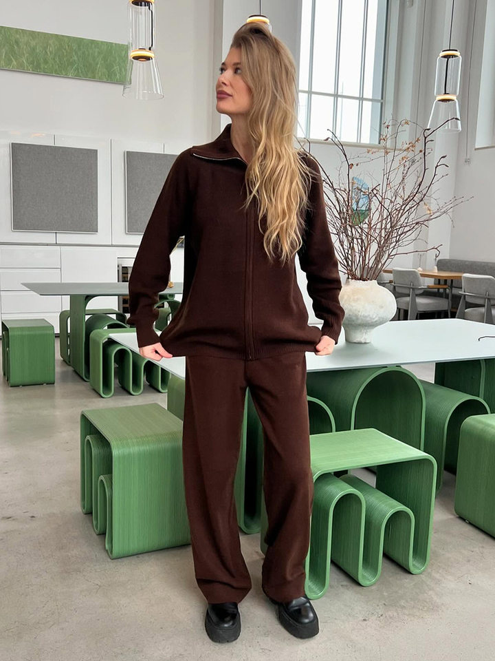 Bộ áo cardigan dệt kim khóa kéo phối quần dài ống rộng nữ — màu bột yến mạch, màu nâu, màu xám, trắng chi tiết 56