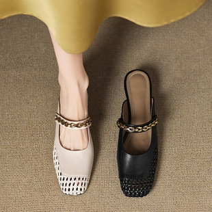 2025 Summer New Style Genuine Leather Thick Heel Toe Half Slippers for Women, Versatile Medium Heel Lazy Slippers, Mule Slippers for Women, Outer Wear