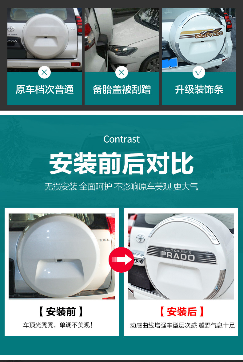 Suitable for 10-20 Toyota Prado spare tire stickers bully rear spare tire cover stickers decorative bright strip modification parts