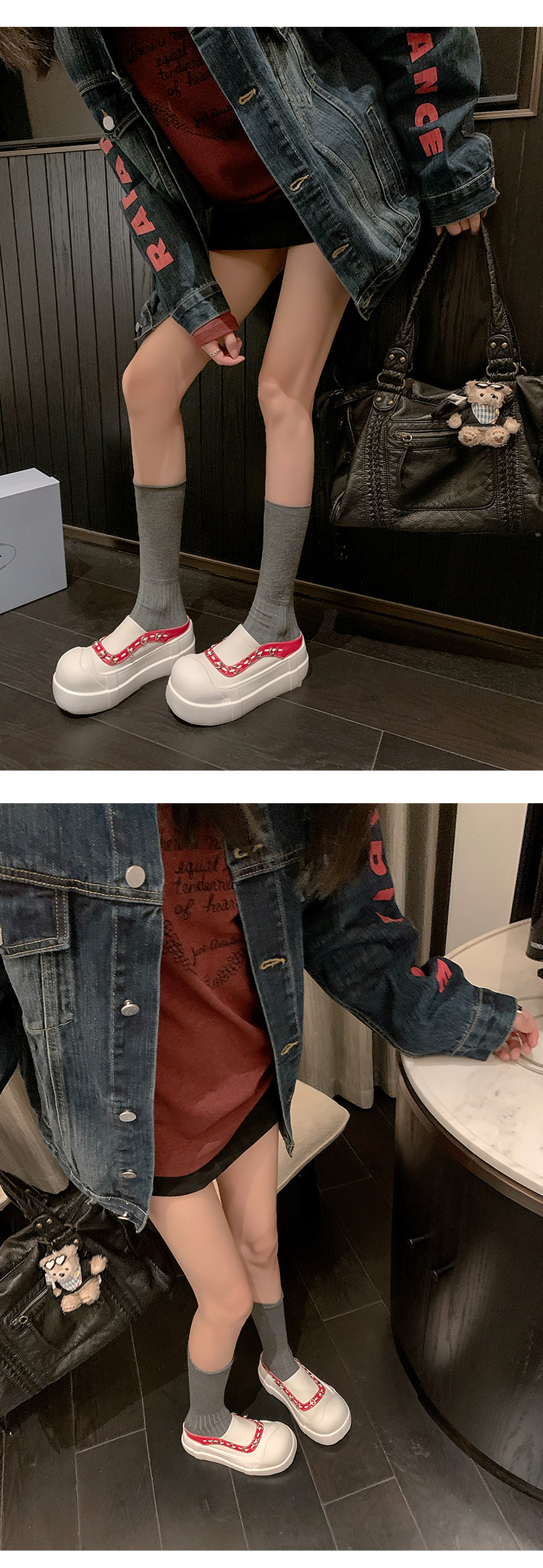 Giày sneaker nữ đế dày mũi to slip-on da thật phối màu — màu đen, màu trắng chi tiết 16