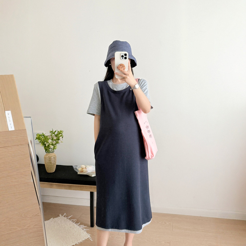Maternity Dress with a Light Luxury and High-End Feel, New Summer Style for Petite Women, Plus Size, Faux Two-Piece Maternity Wear, Summer Dress