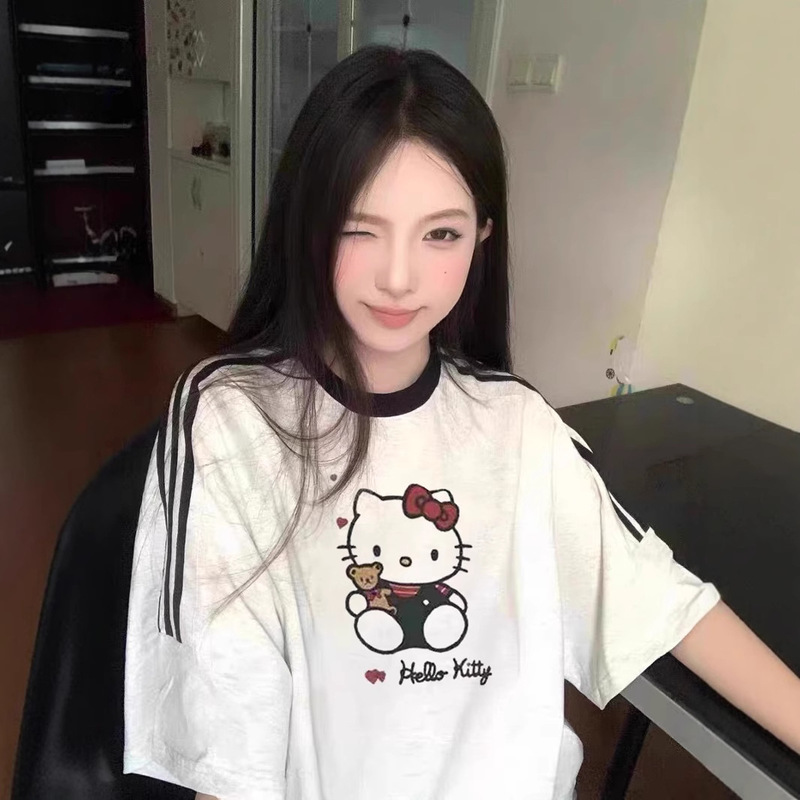 Cute Kitty Pure Cotton Short-sleeved T-shirt Women's Summer New Loose Printed Three-bar Striped Half-sleeved T-shirt Top