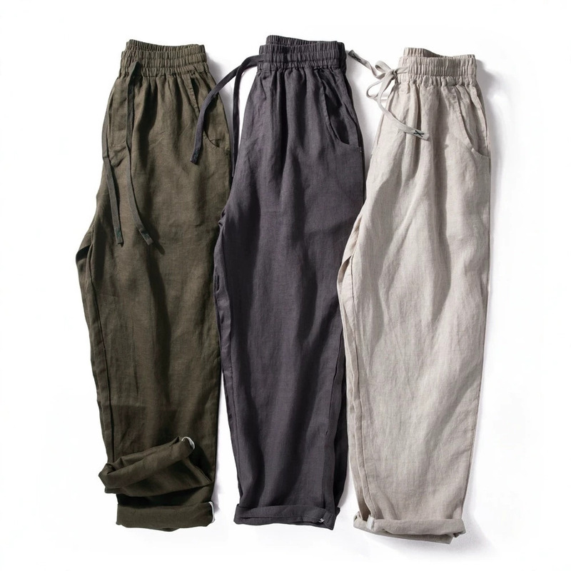 Men's Lightweight, Drapey, Comfortable, Breathable, Straight-Leg, Loose-Fitting Pants % Pure Linen Summer Men's Casual Long Pants